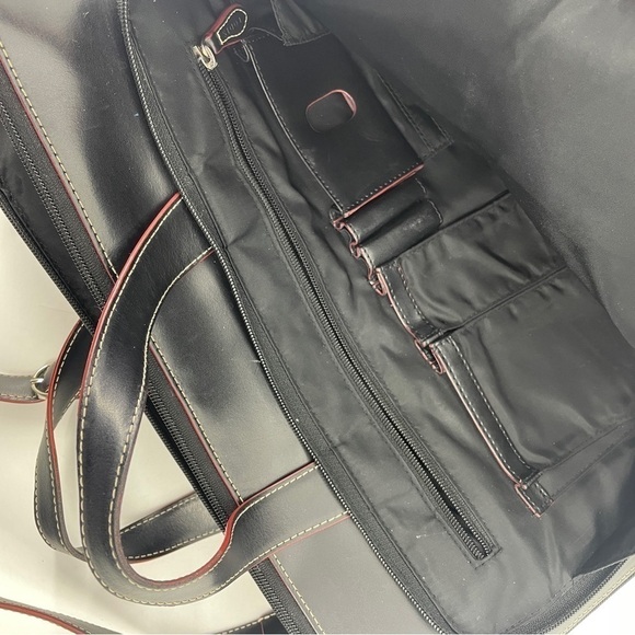 Lodis Laptop Bag Black Leather Red Trim Shoulder Strap Briefcase Career Pockets - Picture 6 of 8
